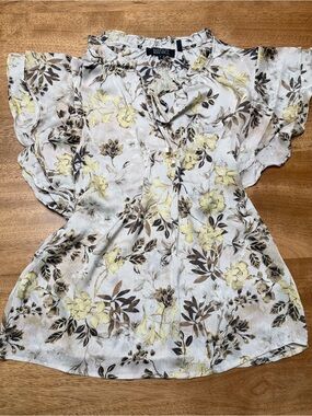 Badgley Mischka Cream Floral Ruffle-Sleeve Blouse with Yellow Accents